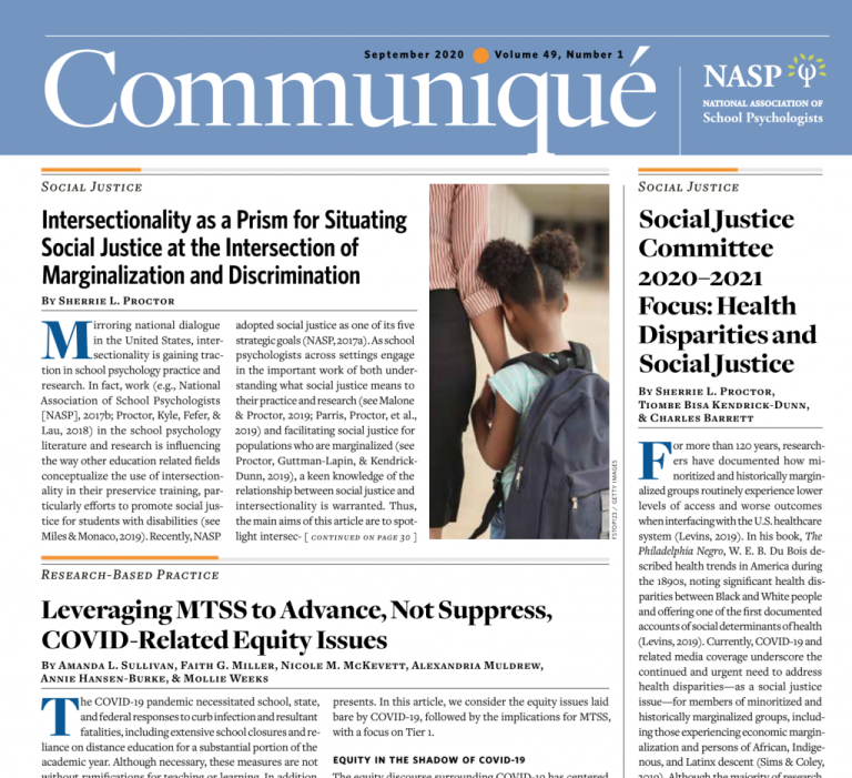 Front page of the September 2020 edition of Communique. School psychology program article is listed under research-based practice. 